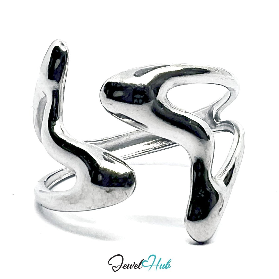 Stainless Steel Silver Wave Ring – Abstract Sculptural Open Design - JewelHub.co.uk