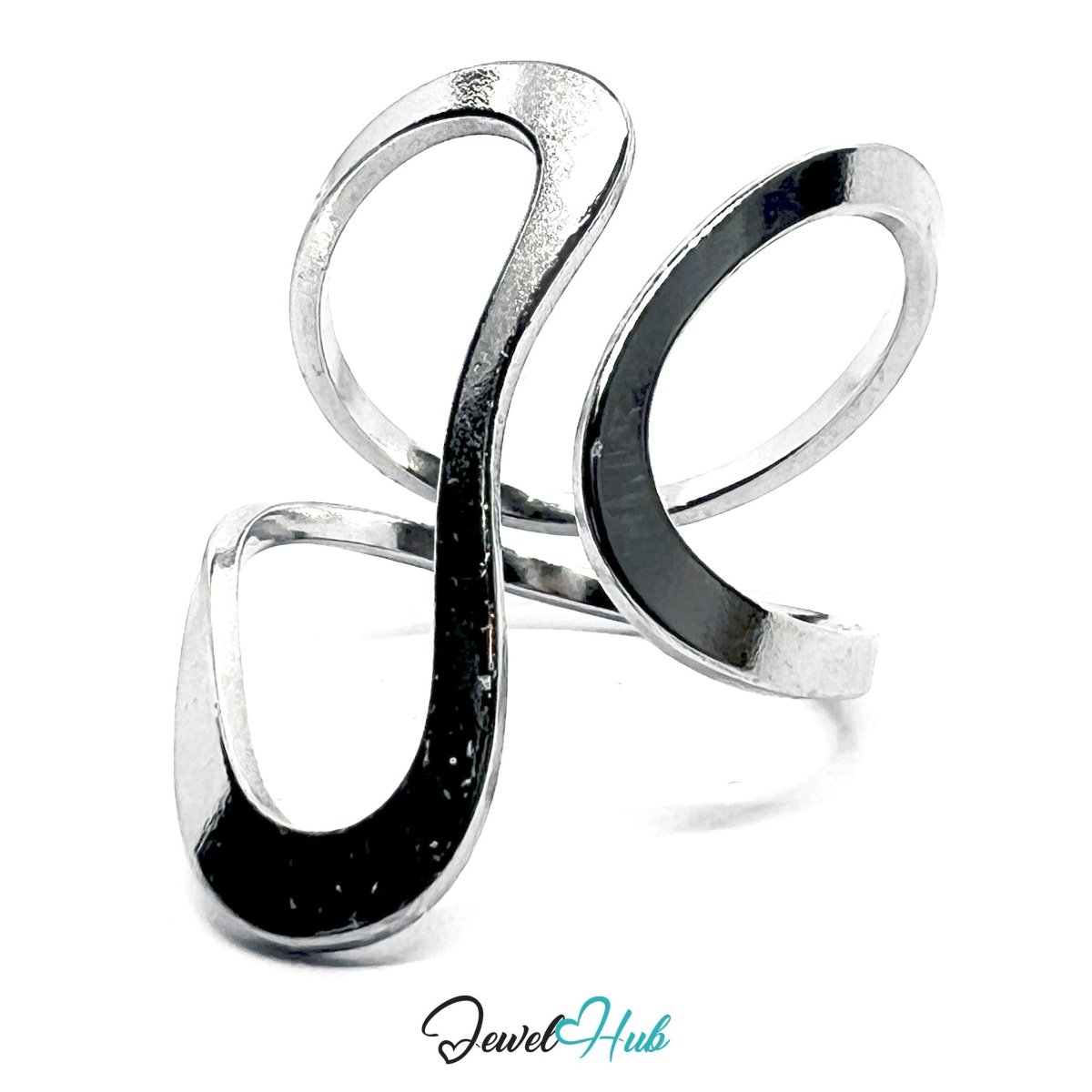 Stainless Steel Silver Wave Ring – Tall Sculptural Open - Front Design - JewelHub.co.uk