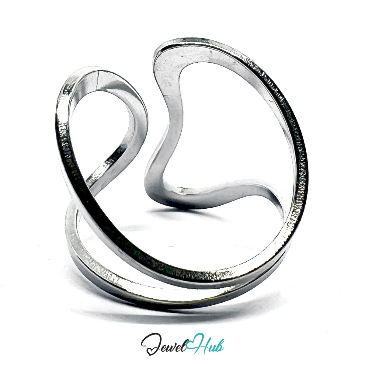 Stainless Steel Silver Wave Ring – Tall Sculptural Open - Front Design - JewelHub.co.uk
