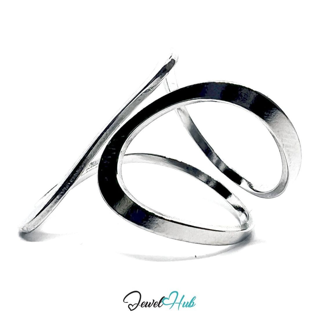 Stainless Steel Silver Wave Ring – Tall Sculptural Open - Front Design - JewelHub.co.uk