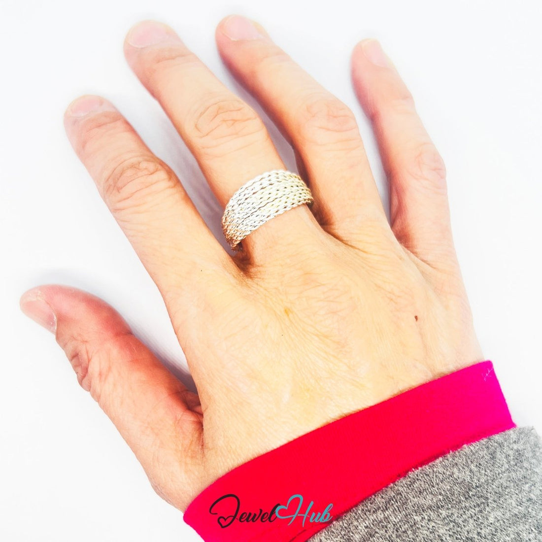 Stainless Steel Silver Woven Mesh Cuff Ring – Sculptural Band - JewelHub.co.uk