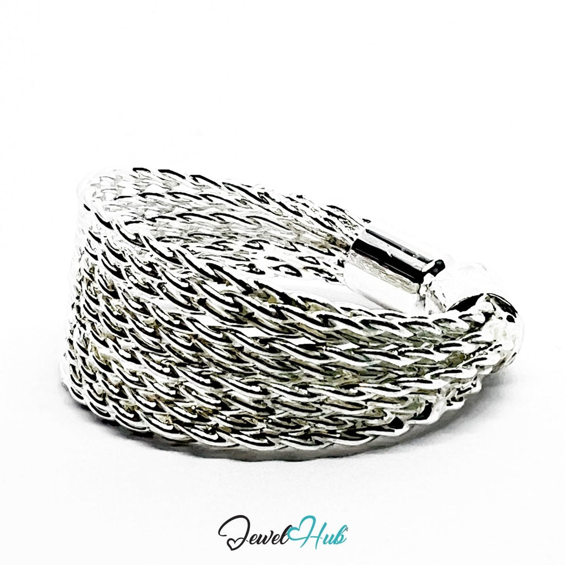 Stainless Steel Silver Woven Mesh Cuff Ring – Sculptural Band - JewelHub.co.uk