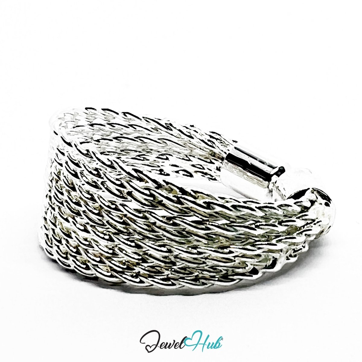 Stainless Steel Silver Woven Mesh Cuff Ring – Sculptural Band - JewelHub.co.uk