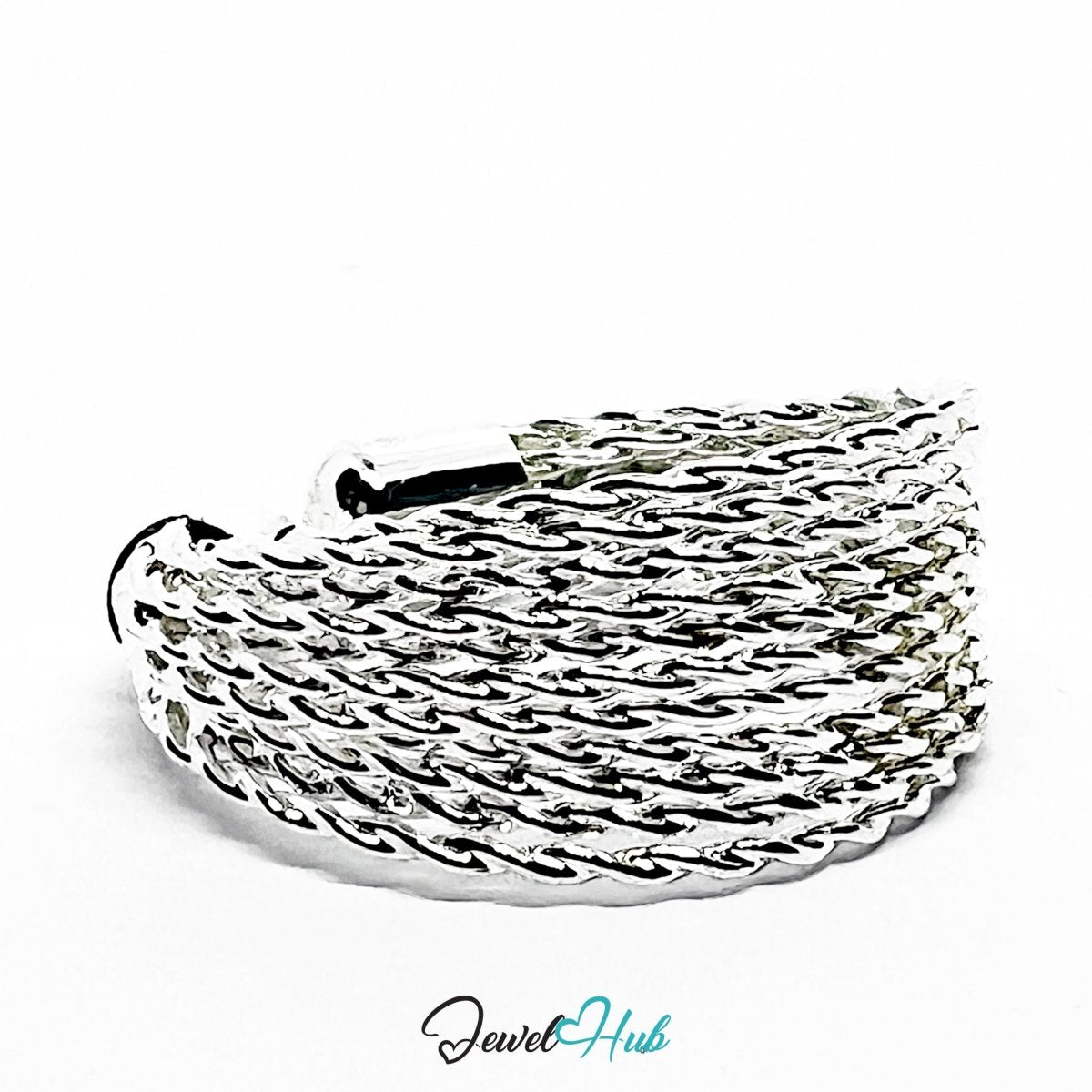 Stainless Steel Silver Woven Mesh Cuff Ring – Sculptural Band - JewelHub.co.uk
