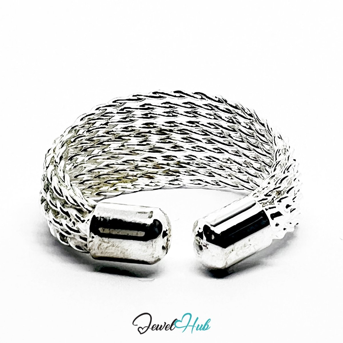 Stainless Steel Silver Woven Mesh Cuff Ring – Sculptural Band - JewelHub.co.uk