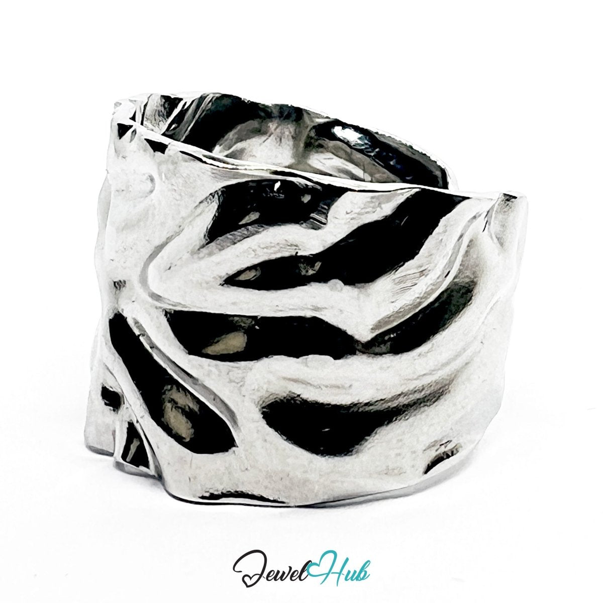 Stainless Steel Silver Wrinkle Texture Ring – Dimensional Sculptural Surface - JewelHub.co.uk