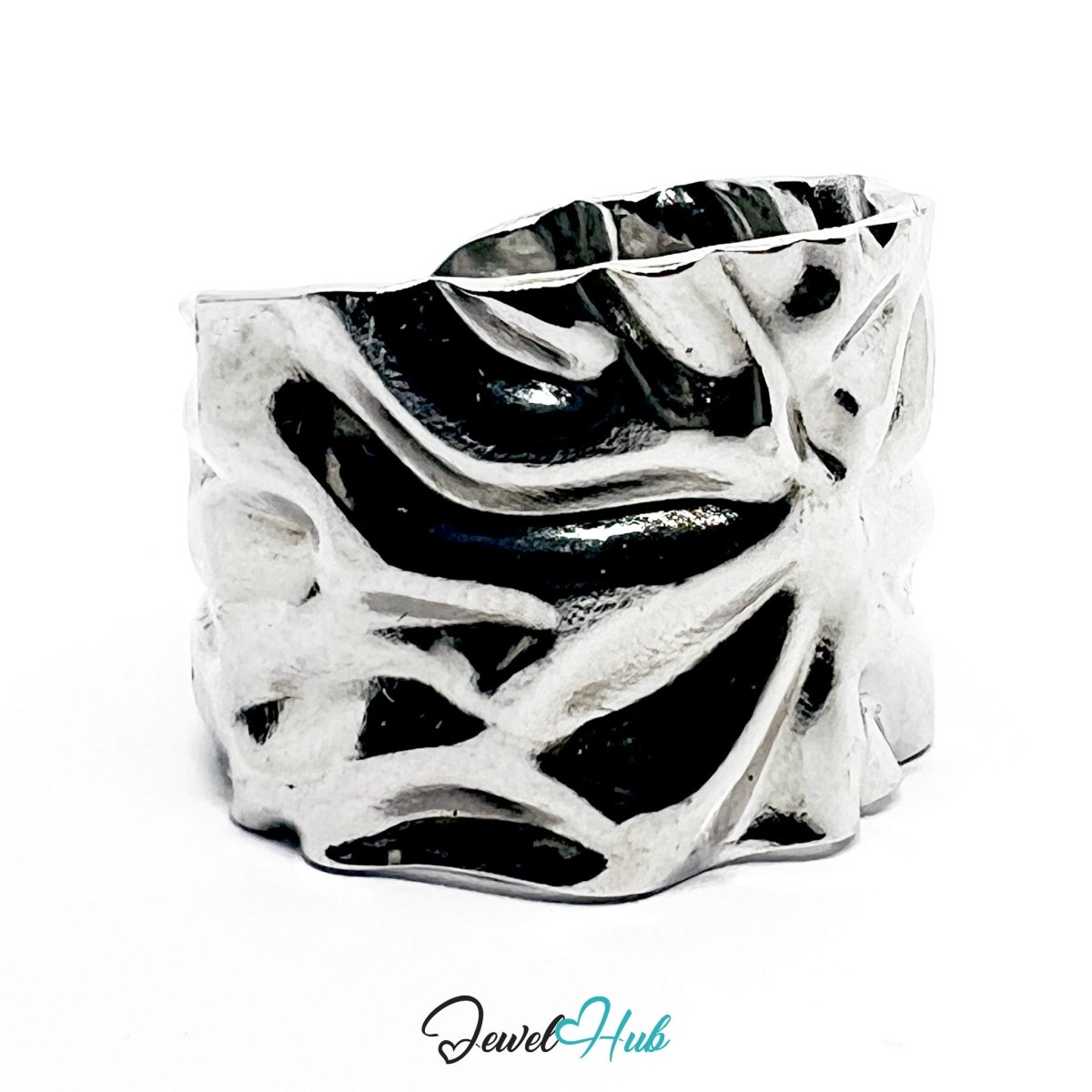 Stainless Steel Silver Wrinkle Texture Ring – Dimensional Sculptural Surface - JewelHub.co.uk