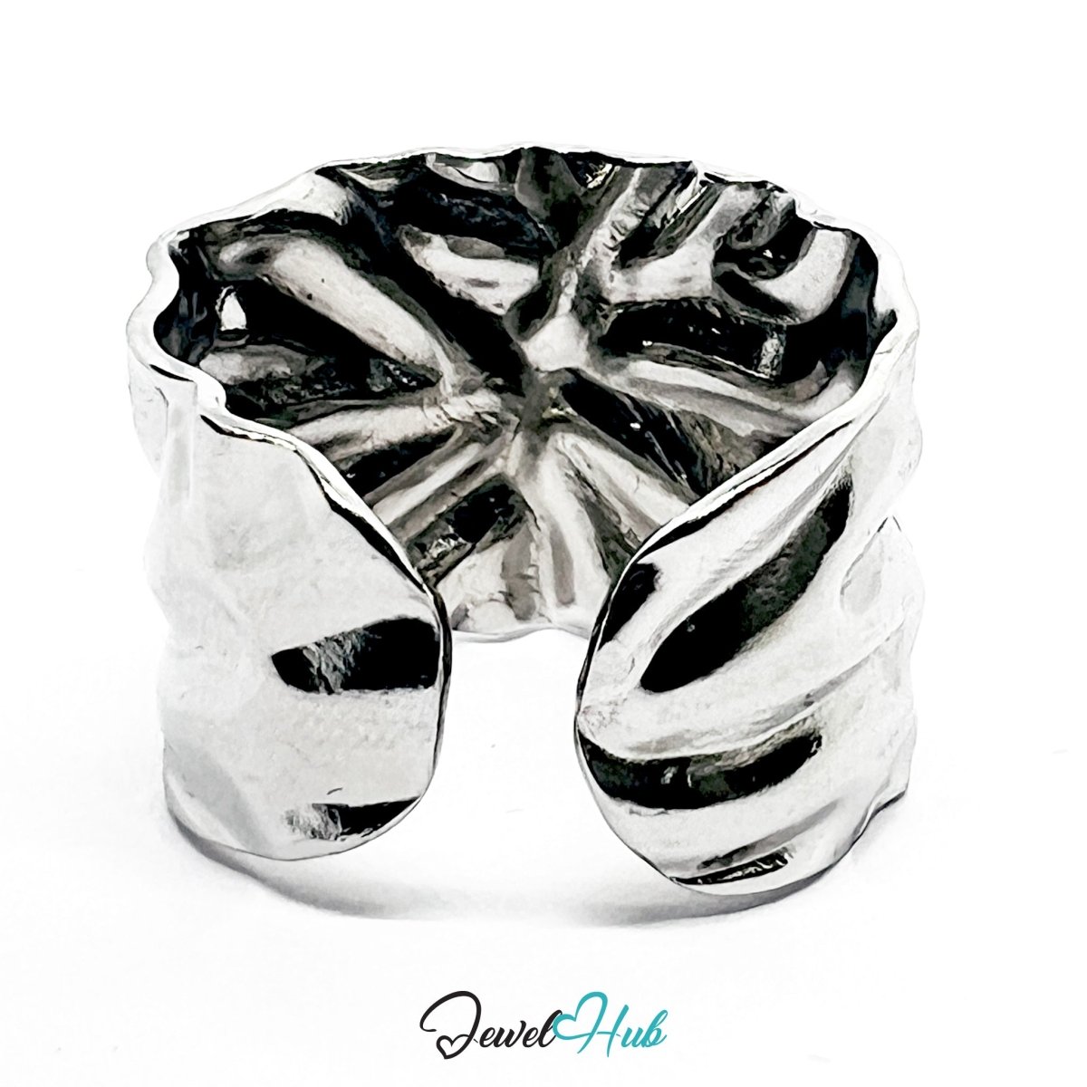 Stainless Steel Silver Wrinkle Texture Ring – Dimensional Sculptural Surface - JewelHub.co.uk