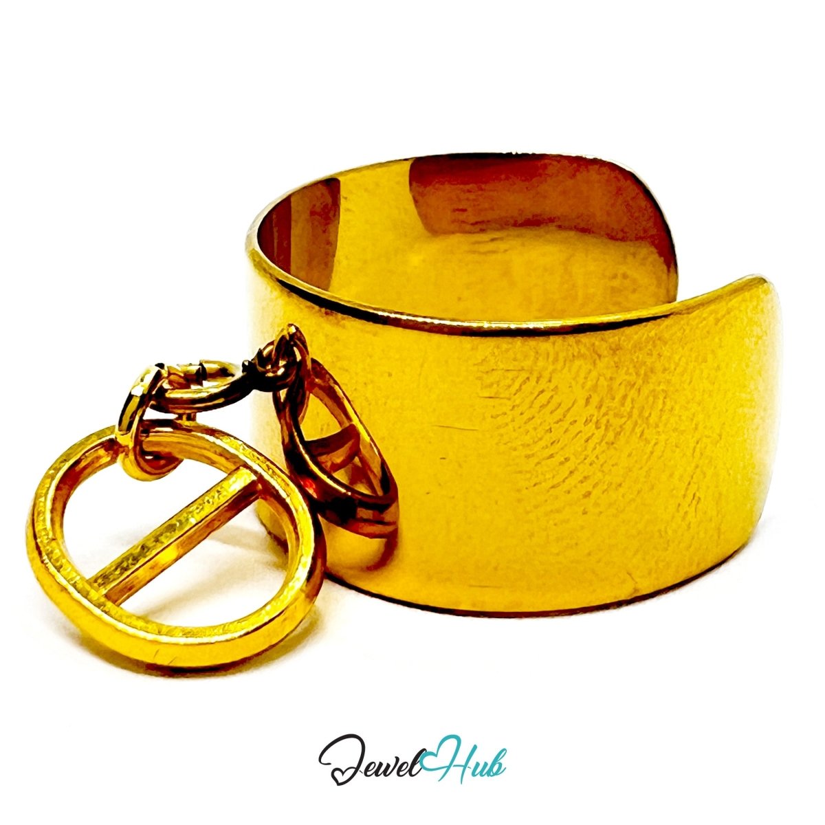 Stainless Steel Split Circle Charm Ring – Gold - Plated Wide Band, Adjustable Fit - JewelHub.co.uk