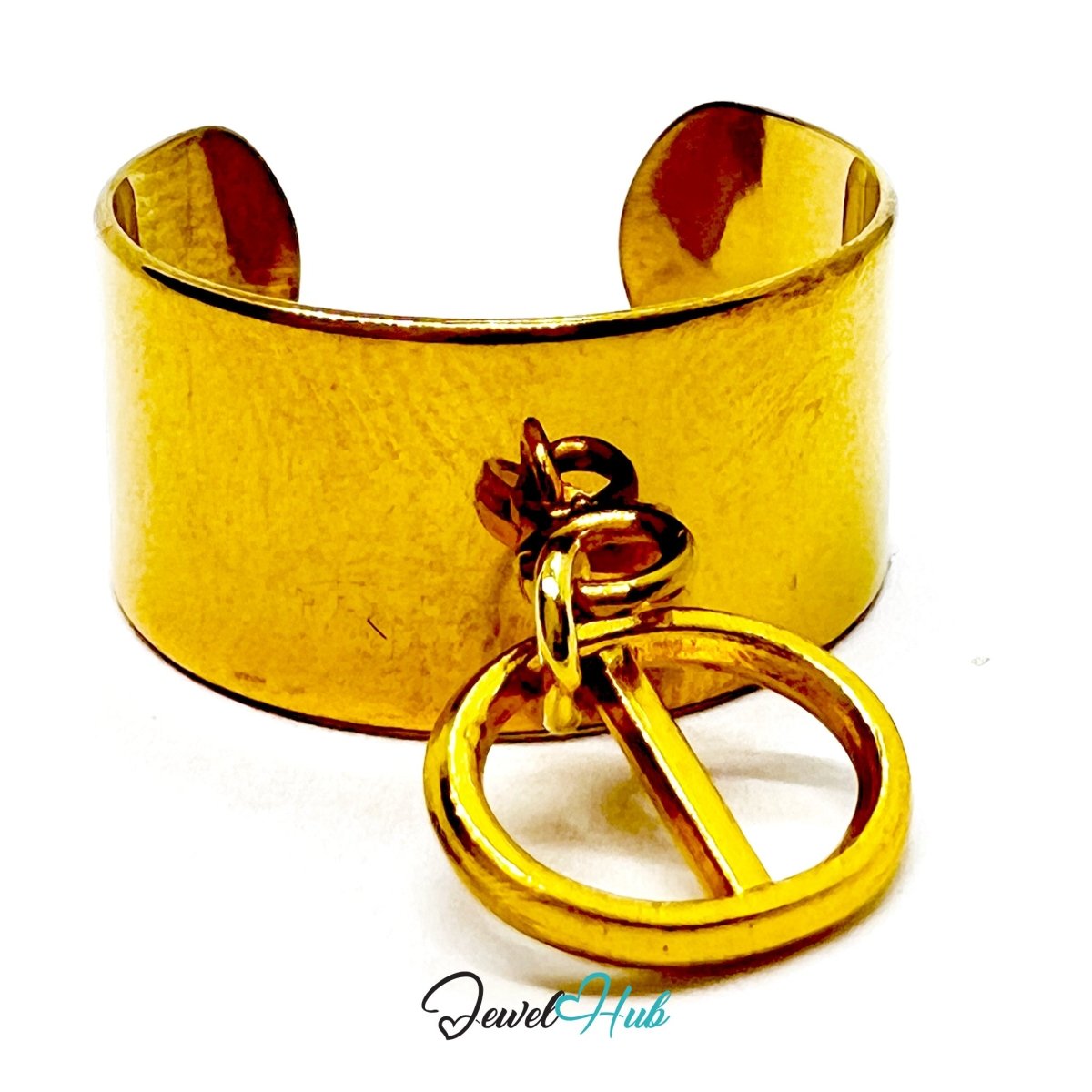 Stainless Steel Split Circle Charm Ring – Gold - Plated Wide Band, Adjustable Fit - JewelHub.co.uk