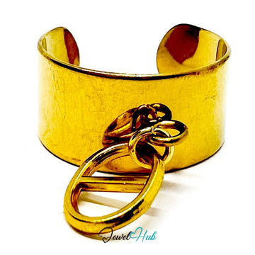 Stainless Steel Split Circle Charm Ring – Gold - Plated Wide Band, Adjustable Fit - JewelHub.co.uk