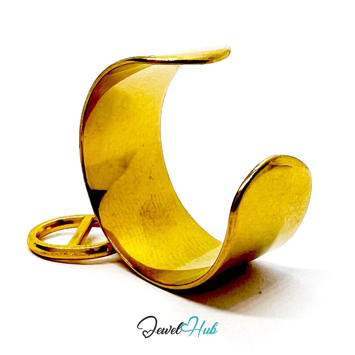 Stainless Steel Split Circle Charm Ring – Gold - Plated Wide Band, Adjustable Fit - JewelHub.co.uk