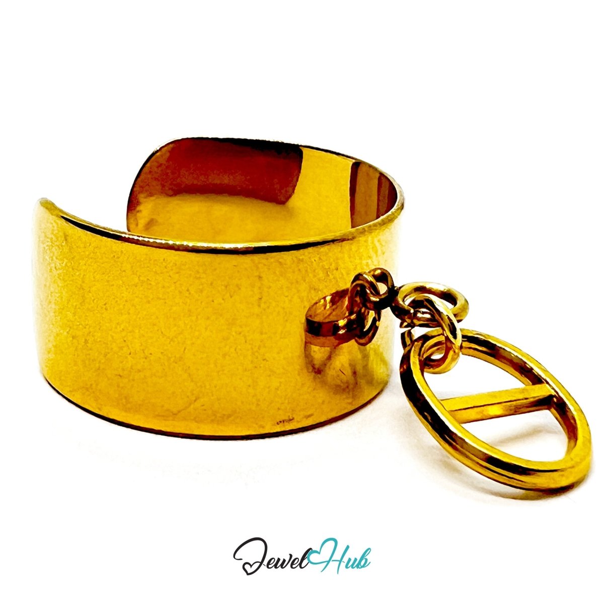 Stainless Steel Split Circle Charm Ring – Gold - Plated Wide Band, Adjustable Fit - JewelHub.co.uk