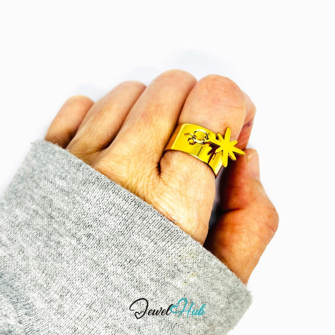 Stainless Steel Star Charm Ring – Gold - Plated Wide Band, Adjustable Fit, Gifts for Teens - JewelHub.co.uk