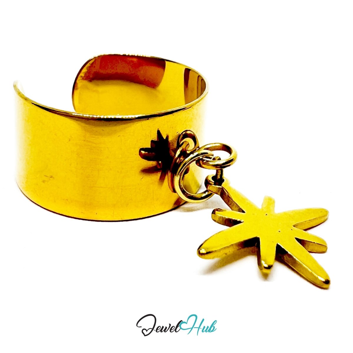 Stainless Steel Star Charm Ring – Gold - Plated Wide Band, Adjustable Fit, Gifts for Teens - JewelHub.co.uk