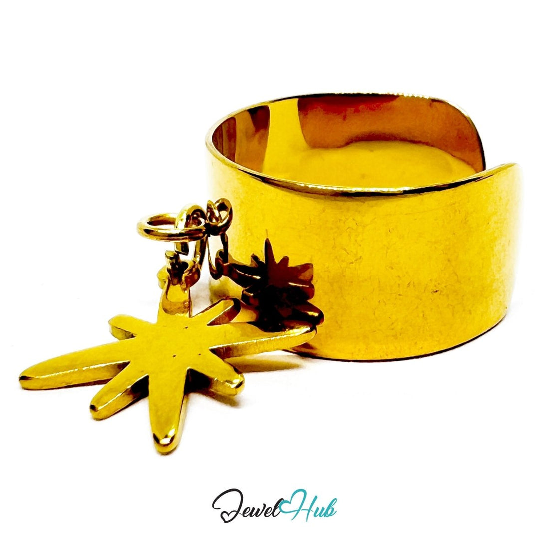 Stainless Steel Star Charm Ring – Gold - Plated Wide Band, Adjustable Fit, Gifts for Teens - JewelHub.co.uk