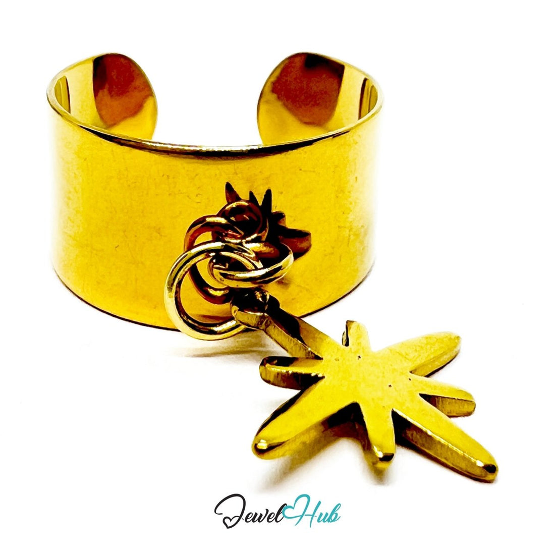 Stainless Steel Star Charm Ring – Gold - Plated Wide Band, Adjustable Fit, Gifts for Teens - JewelHub.co.uk