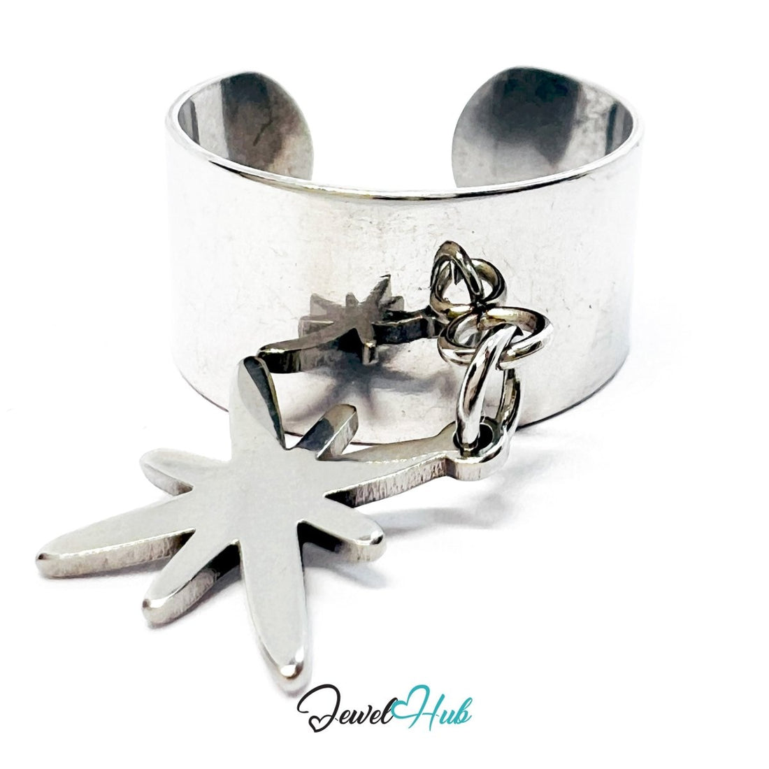 Stainless Steel Star Charm Ring – Silver - Plated Wide Band, Adjustable Fit, Gifts for Teens - JewelHub.co.uk