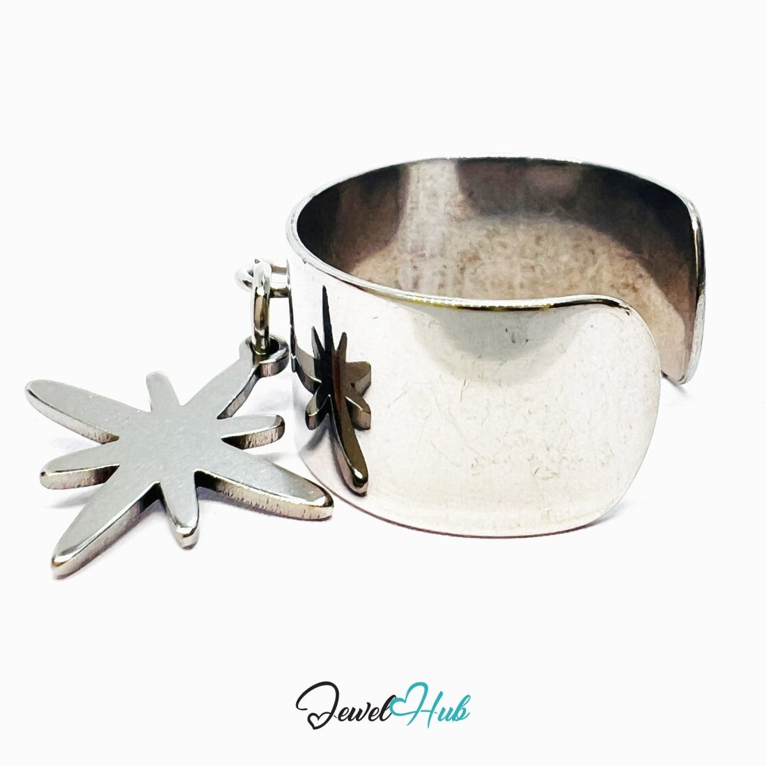 Stainless Steel Star Charm Ring – Silver - Plated Wide Band, Adjustable Fit, Gifts for Teens - JewelHub.co.uk