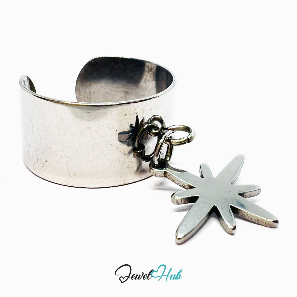 Stainless Steel Star Charm Ring – Silver - Plated Wide Band, Adjustable Fit, Gifts for Teens - JewelHub.co.uk
