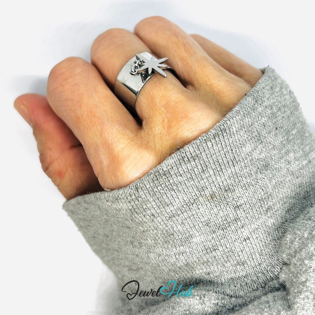 Stainless Steel Star Charm Ring – Silver - Plated Wide Band, Adjustable Fit, Gifts for Teens - JewelHub.co.uk