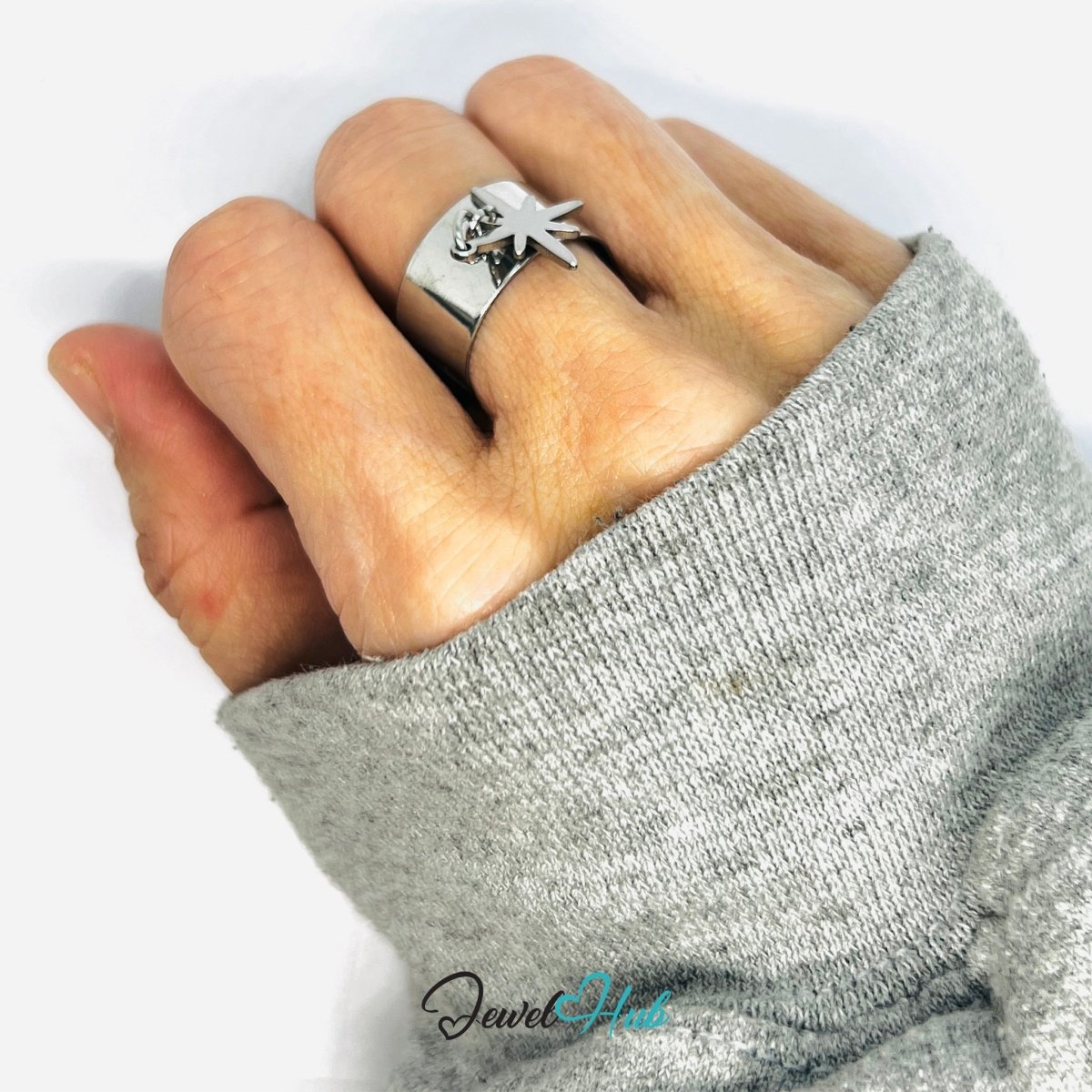 Stainless Steel Star Charm Ring – Silver - Plated Wide Band, Adjustable Fit, Gifts for Teens - JewelHub.co.uk