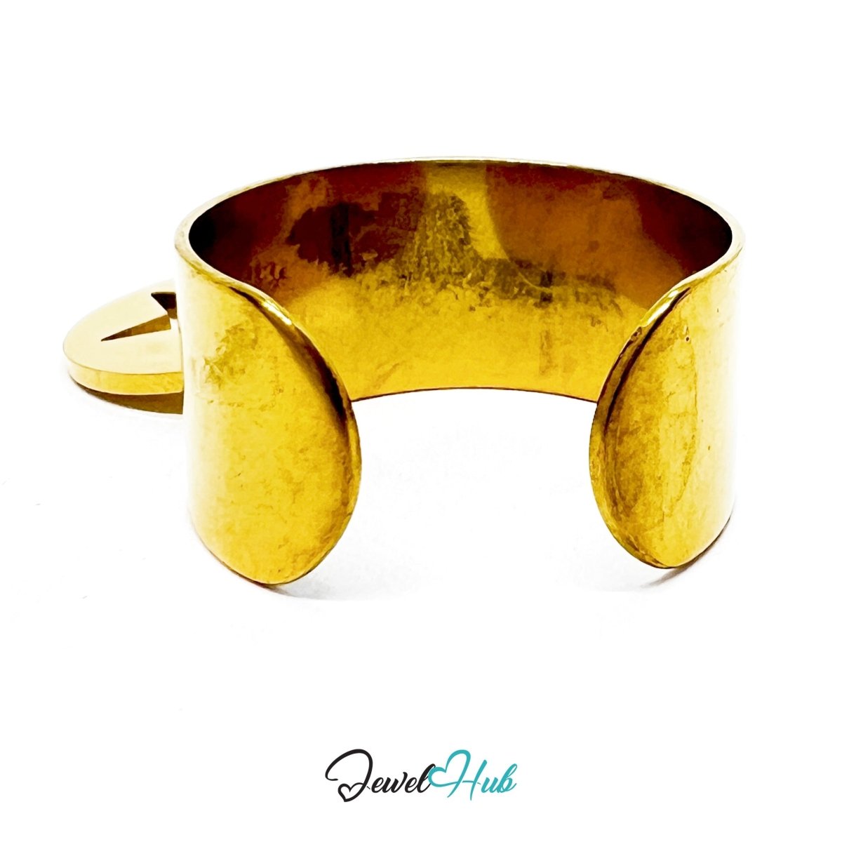 Stainless Steel Star Disc Charm Ring – Gold - Plated Wide Band, Adjustable Fit - JewelHub.co.uk