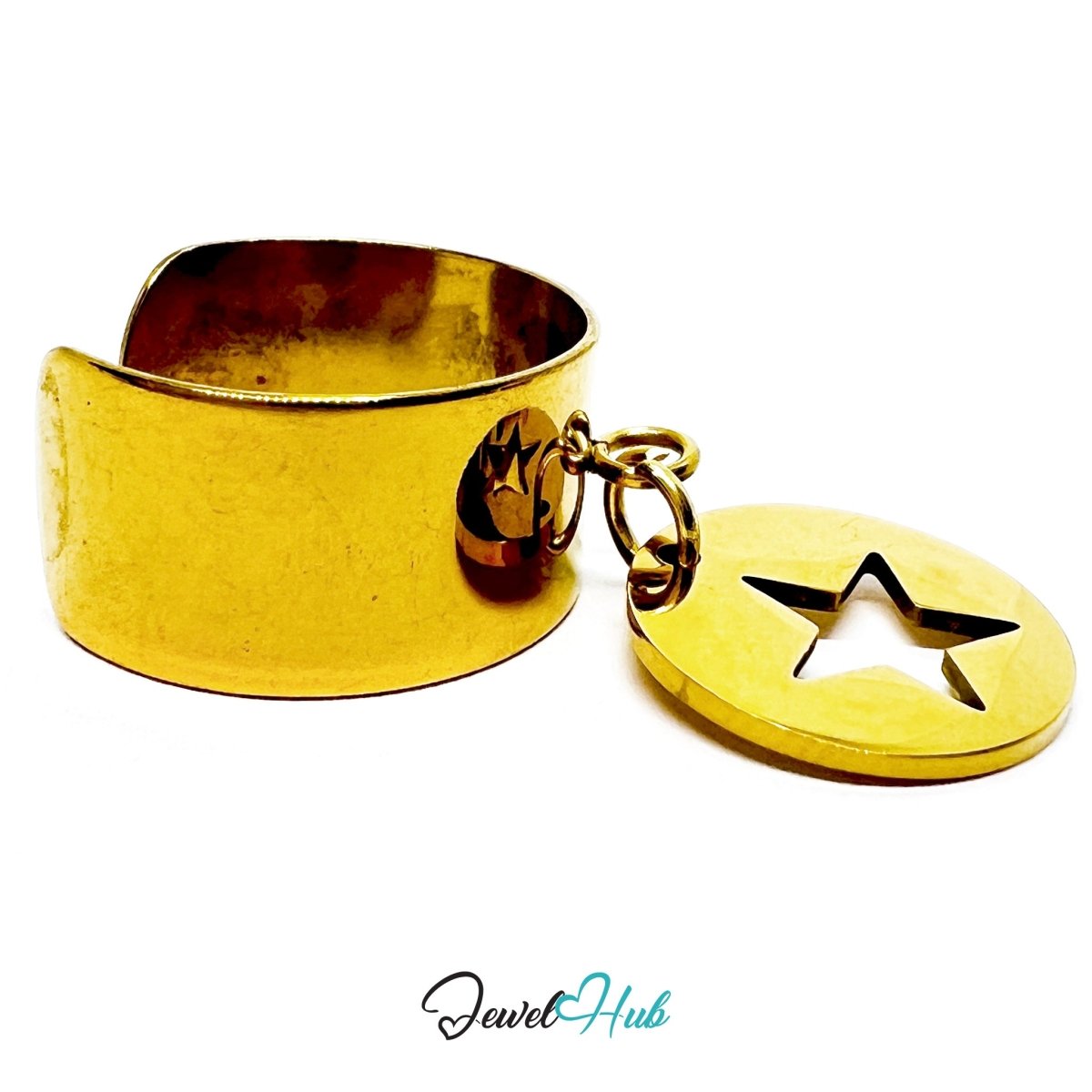 Stainless Steel Star Disc Charm Ring – Gold - Plated Wide Band, Adjustable Fit - JewelHub.co.uk