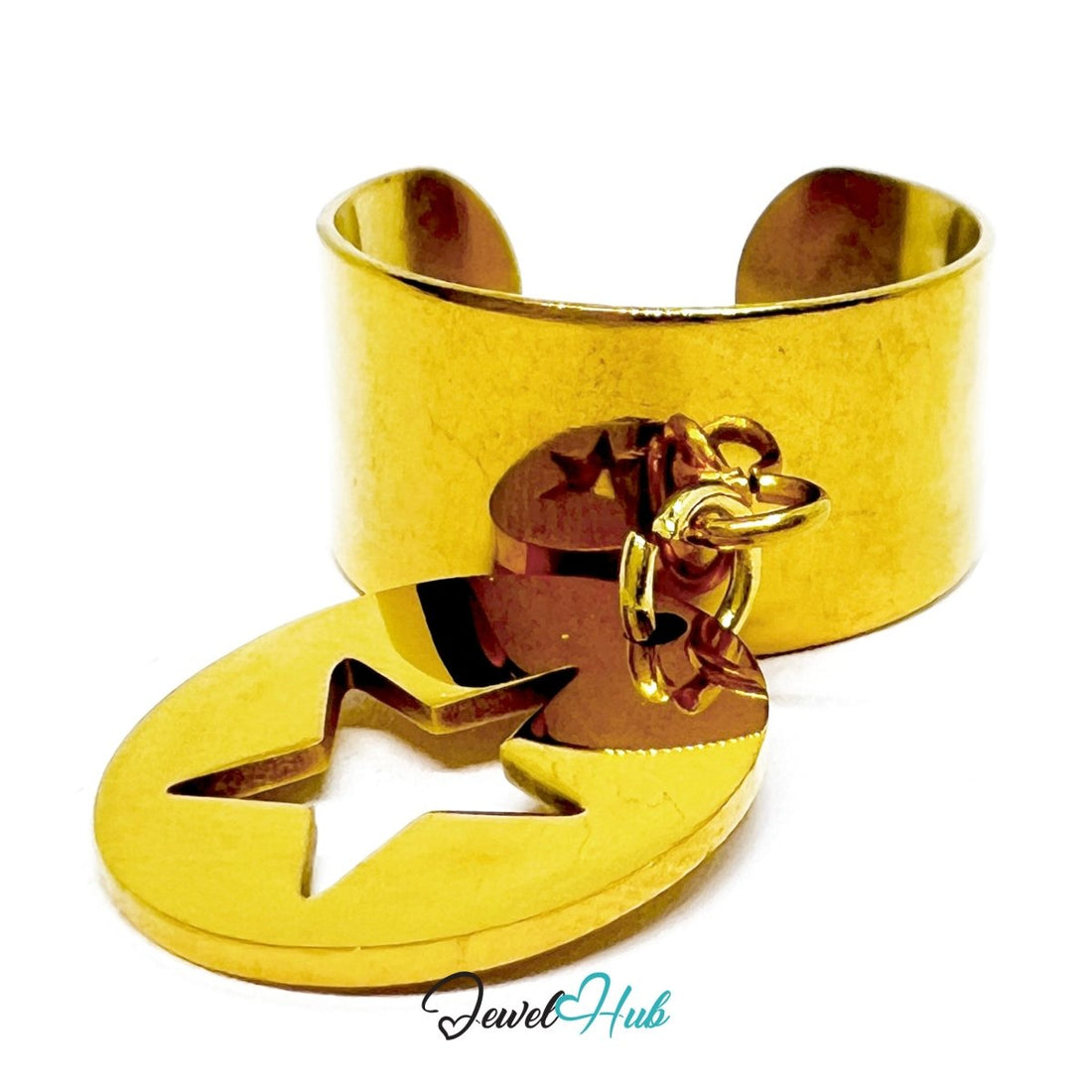 Stainless Steel Star Disc Charm Ring – Gold - Plated Wide Band, Adjustable Fit - JewelHub.co.uk