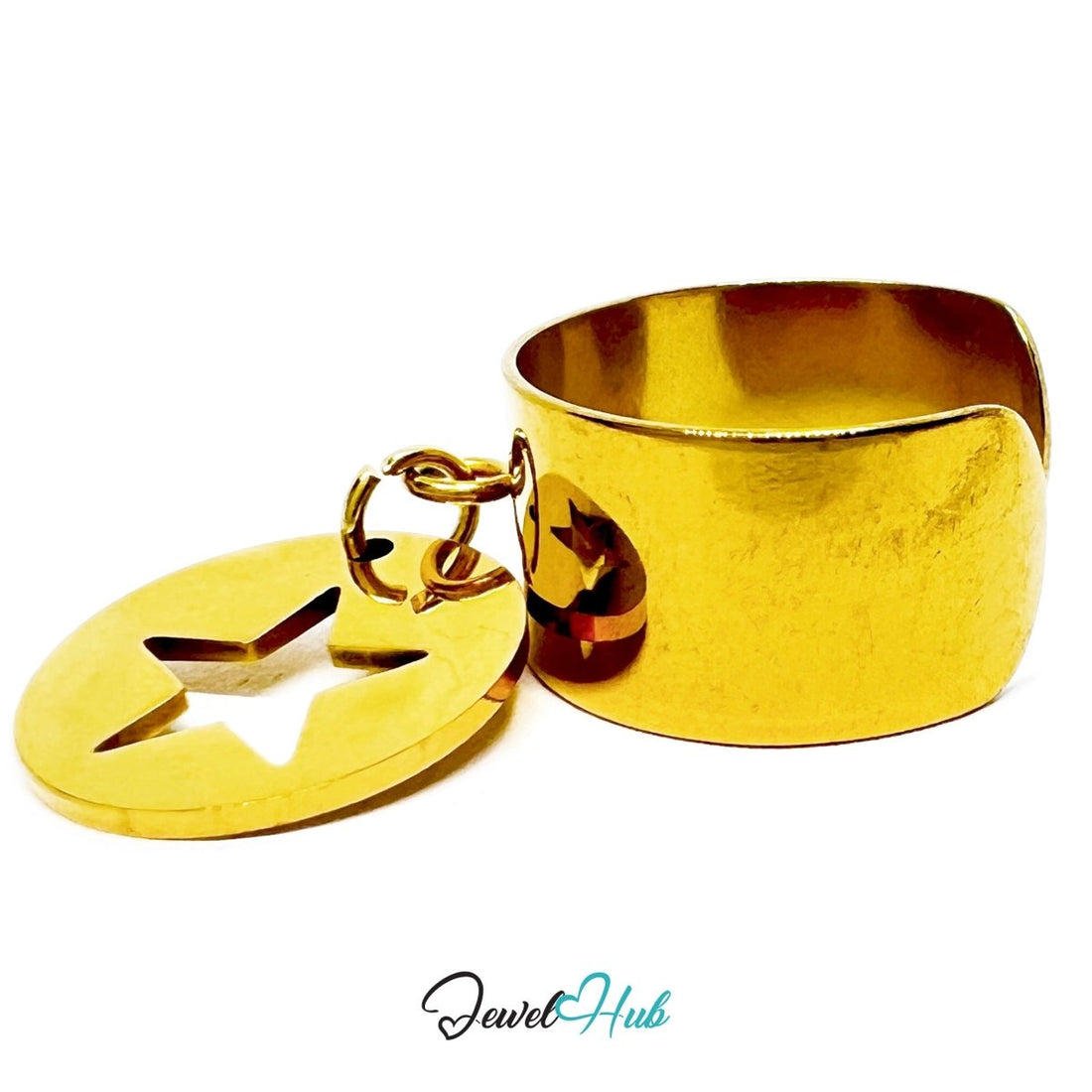 Stainless Steel Star Disc Charm Ring – Gold - Plated Wide Band, Adjustable Fit - JewelHub.co.uk