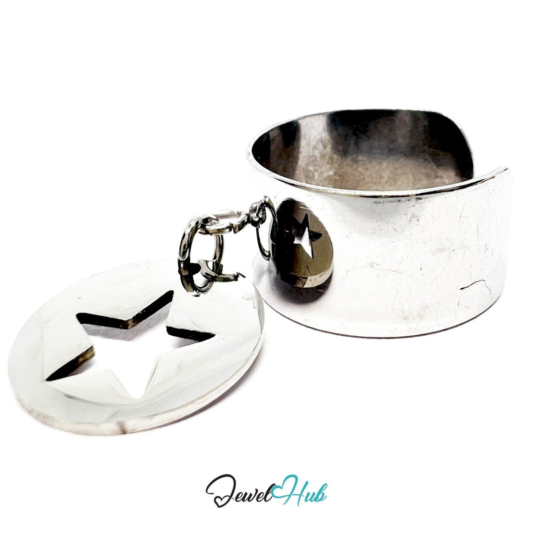 Stainless Steel Star Disc Charm Ring – Silver‑Plated Wide Band, Adjustable Fit - JewelHub.co.uk