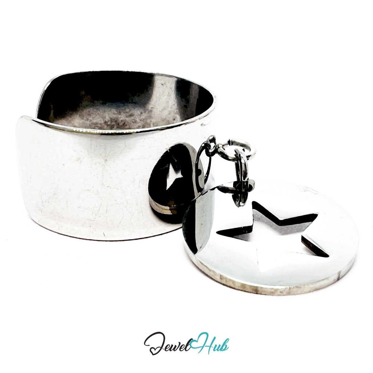 Stainless Steel Star Disc Charm Ring – Silver‑Plated Wide Band, Adjustable Fit - JewelHub.co.uk