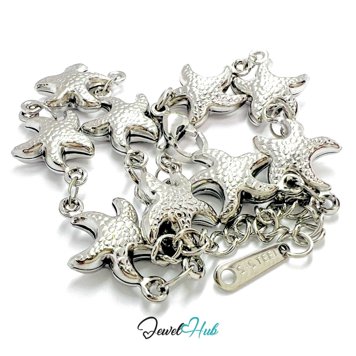 Stainless Steel Starfish Charms Silver Bracelet - JewelHub.co.uk