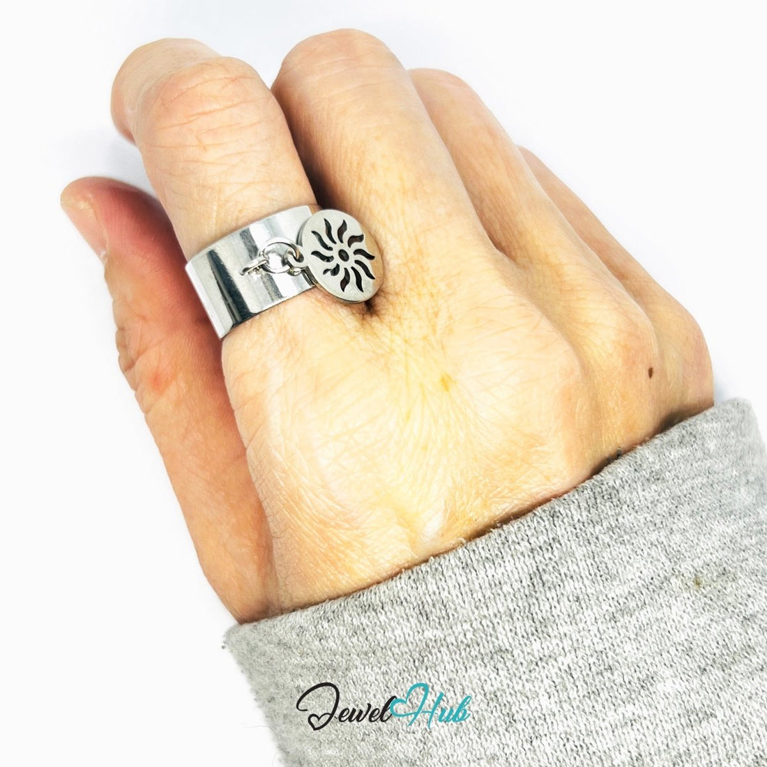 Stainless Steel Sunburst Charm Ring – Silver - Plated Wide Band, Adjustable Fit - JewelHub.co.uk
