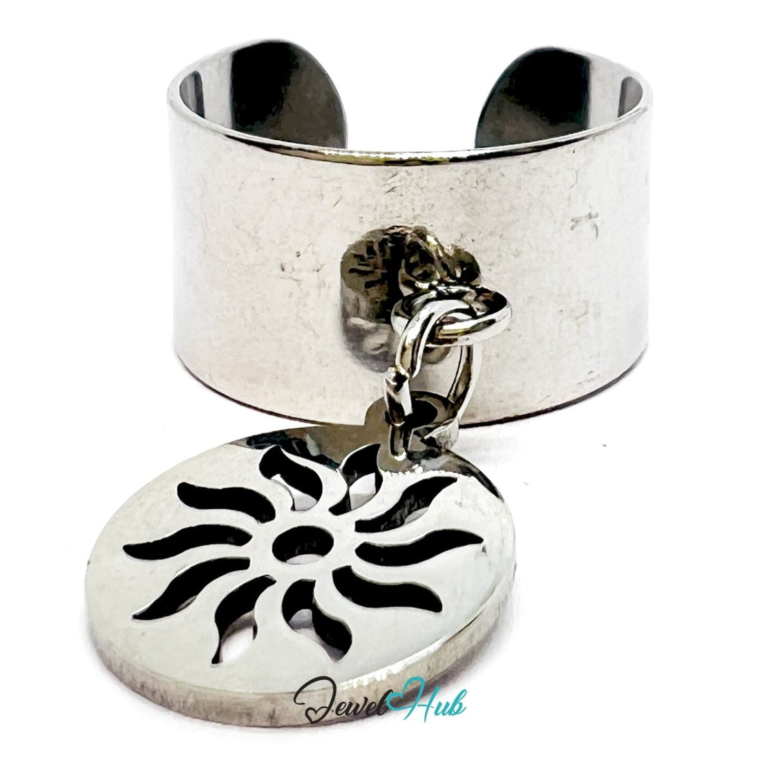 Stainless Steel Sunburst Charm Ring – Silver - Plated Wide Band, Adjustable Fit - JewelHub.co.uk
