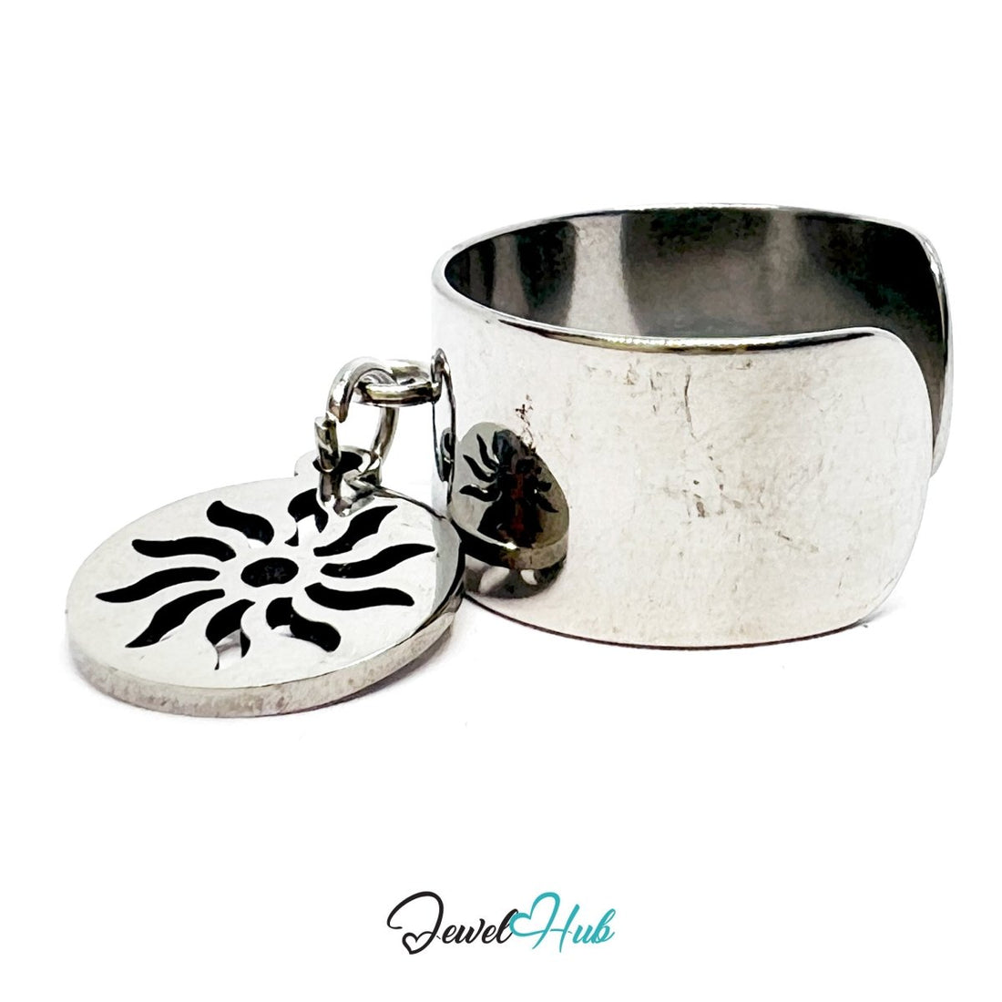 Stainless Steel Sunburst Charm Ring – Silver - Plated Wide Band, Adjustable Fit - JewelHub.co.uk