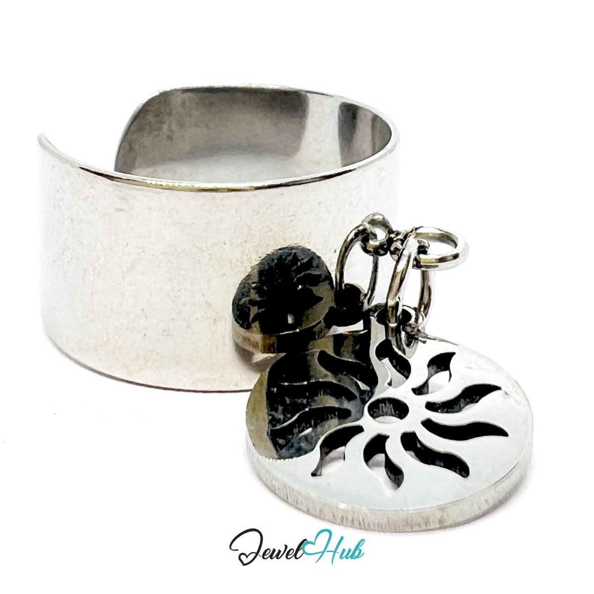 Stainless Steel Sunburst Charm Ring – Silver - Plated Wide Band, Adjustable Fit - JewelHub.co.uk