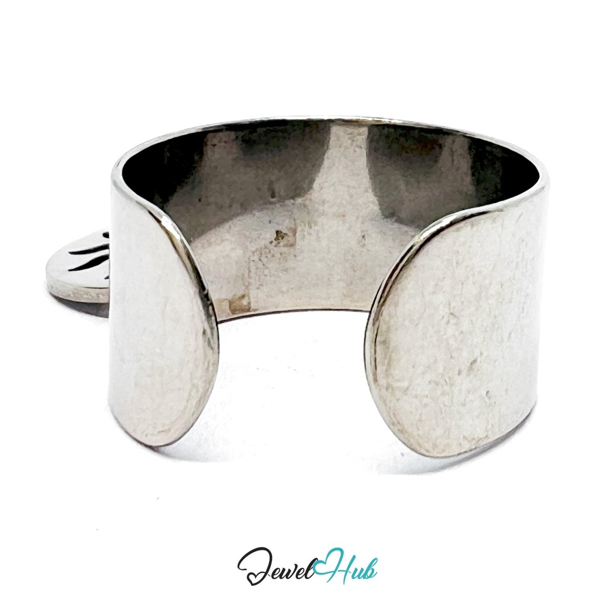 Stainless Steel Sunburst Charm Ring – Silver - Plated Wide Band, Adjustable Fit - JewelHub.co.uk