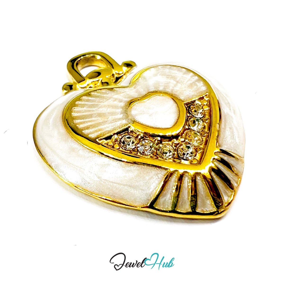 Stainless Steel White Enamel Heart Pendant Zirconia Detail - JewelHub.co.uk