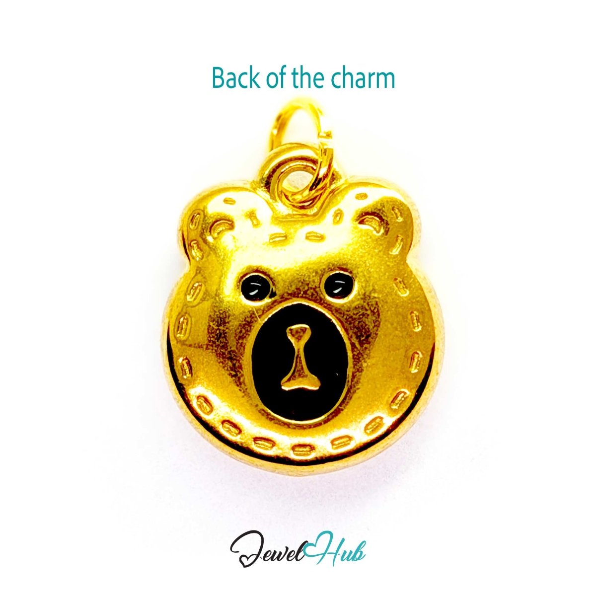 Back of the gold Stitched Bear Head charm - smooth polished steel, suitable for engraving - JewelHub