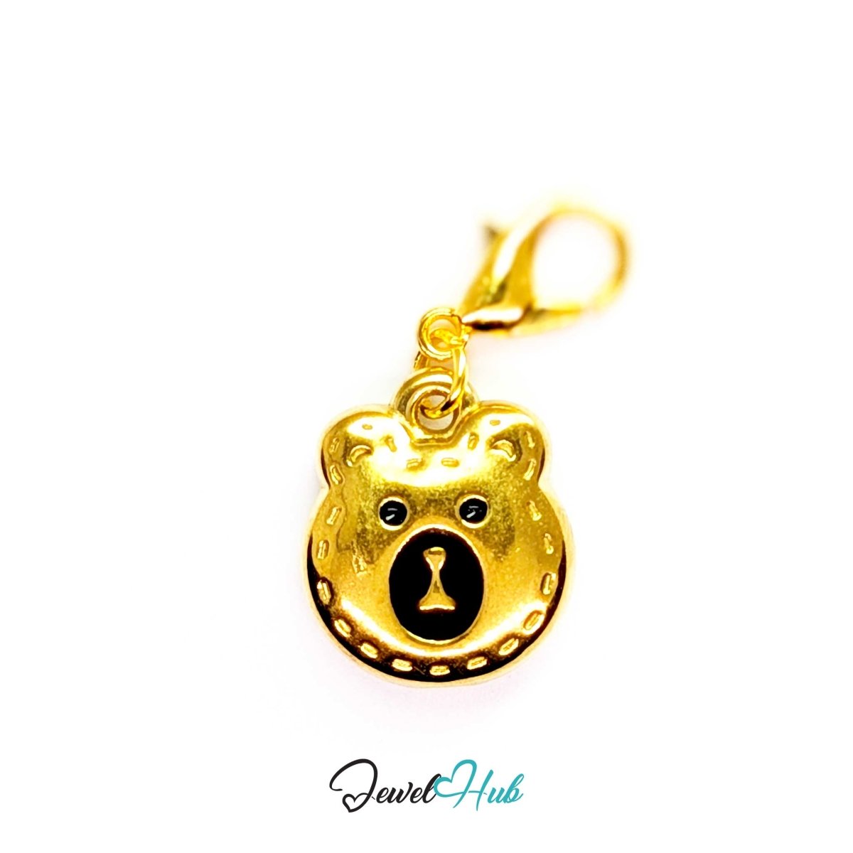 Gold Stitched Bear Head charm fitted with a lobster clasp, ready to clip onto a bracelet, bag or keyring - JewelHub