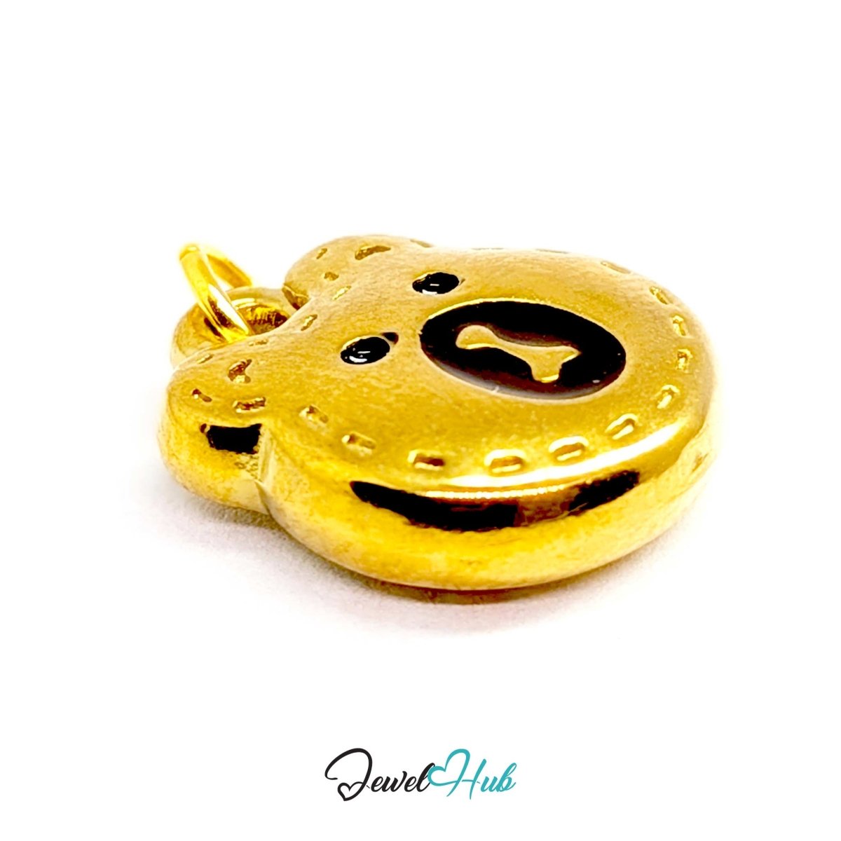 Angled view of the gold Stitched Bear Head charm showing its domed face and rounded ears - JewelHub