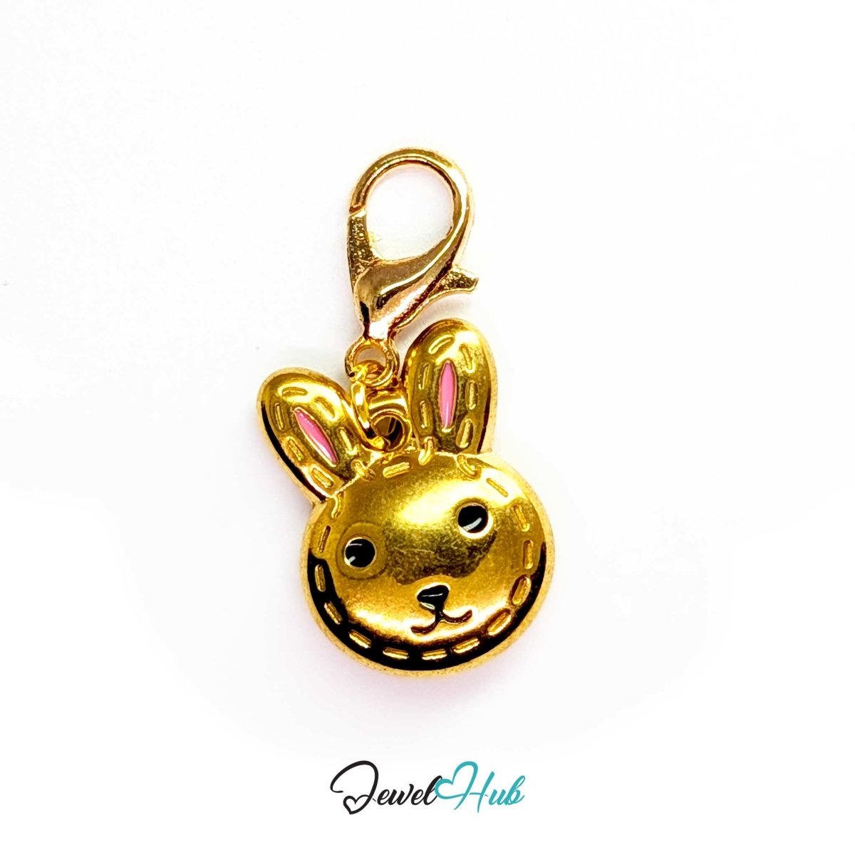 Gold Stitched Bunny Head charm fitted with a lobster clasp, ready to clip onto a bracelet, bag or keyring - JewelHub