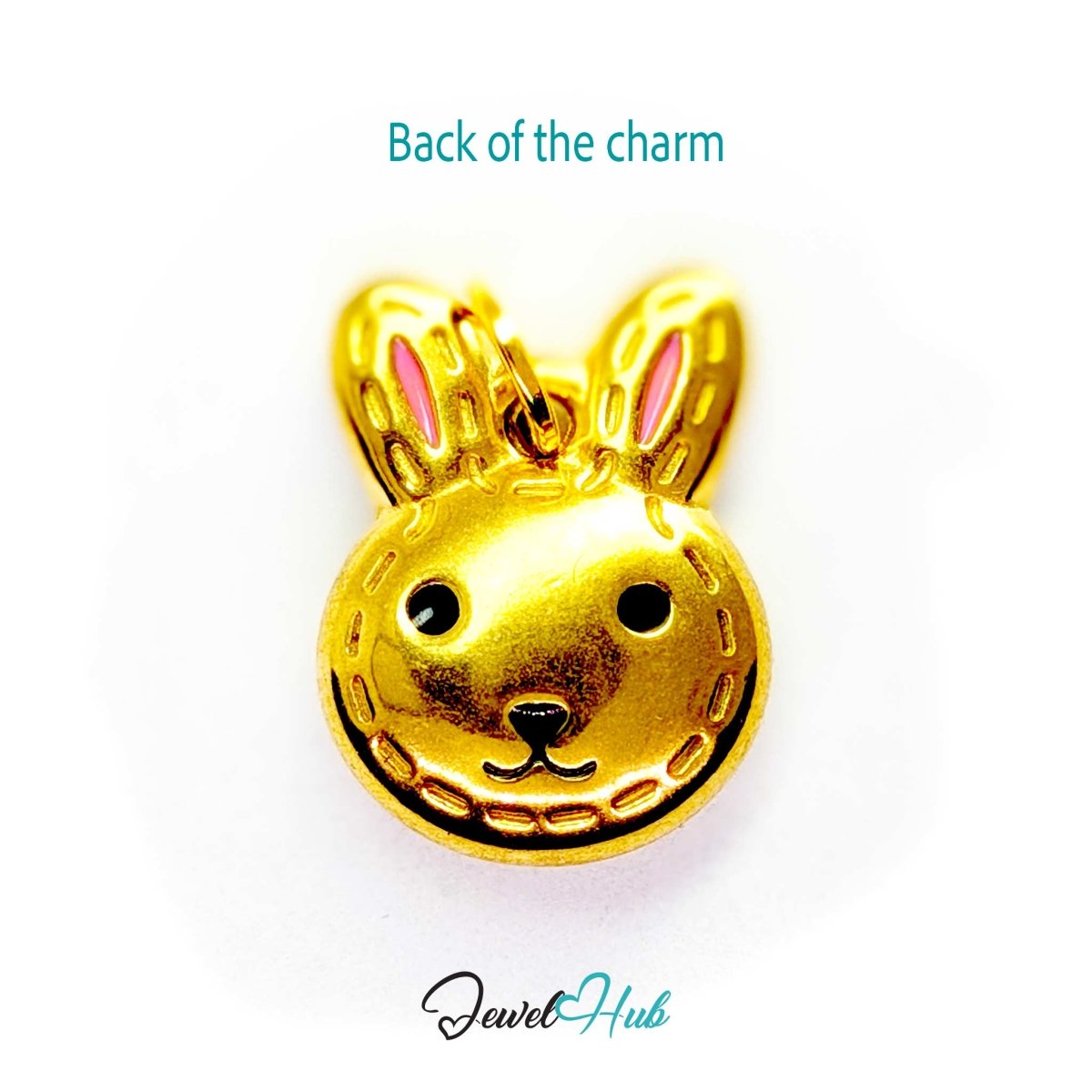 Back of the gold Stitched Bunny Head charm - smooth polished steel, suitable for engraving - JewelHub