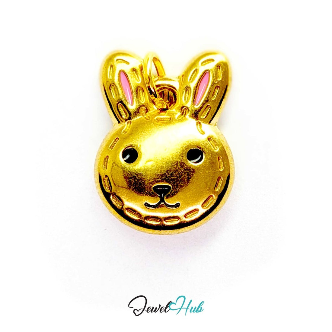Stitched Bunny Head charm in gold-tone stainless steel with pink enamel inner ears and black enamel eyes - JewelHub