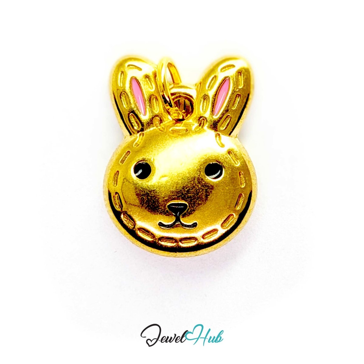 Stitched Bunny Head charm in gold-tone stainless steel with pink enamel inner ears and black enamel eyes - JewelHub