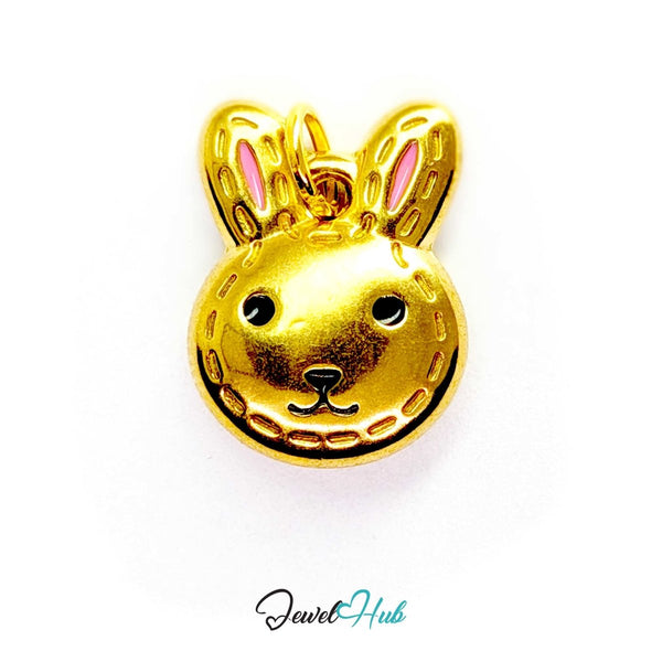 Stitched Bunny Head charm in gold-tone stainless steel with pink enamel inner ears and black enamel eyes - JewelHub