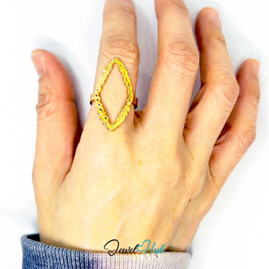 Gold - Plated Hollow Oval Zinc Ring with Textured Surface – Organic Statement Band for Sculptural Styling - JewelHub.co.uk