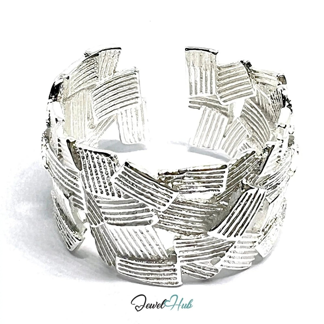 Textured Silver Ring | Bold Adjustable Sterling Silvery Band with Geometric Pattern - JewelHub.co.uk
