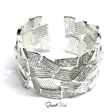 Textured Silver Ring | Bold Adjustable Sterling Silvery Band with Geometric Pattern - JewelHub.co.uk